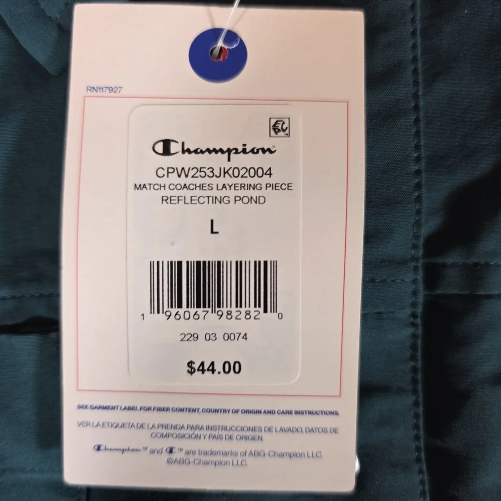 Champion Womens Large‎ Coaches Jacket Reflecting Pond Teal Nylon NWT